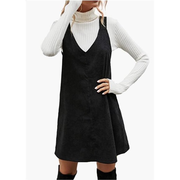 Black Corduroy Sleeveless V-Neck A-Line Mini Pinafore Overalls Tank Dress - Picture 5 of 6